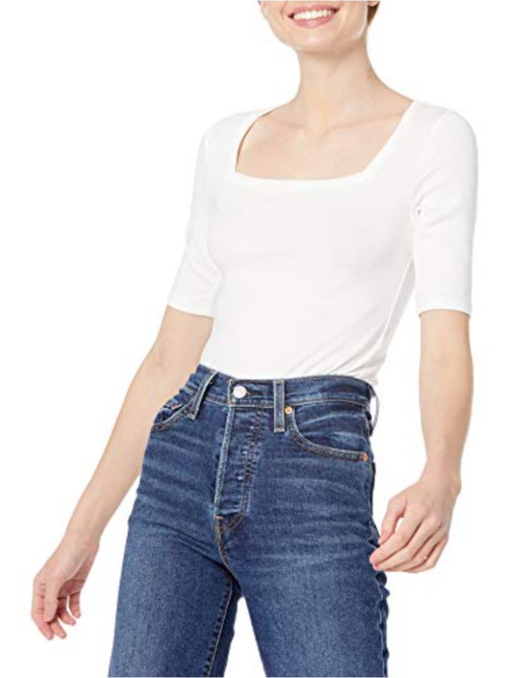 Women's Slim Fit Half Sleeve Square Neck Rib T-Shirt